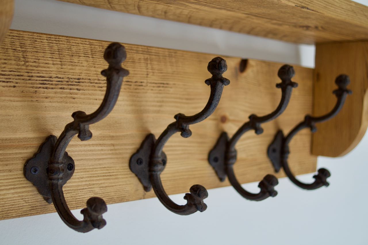 Handmade Farmhouse Style Heavy Rustic Hat/Coat Rack With Shelf And 4 Cast Iron Hooks