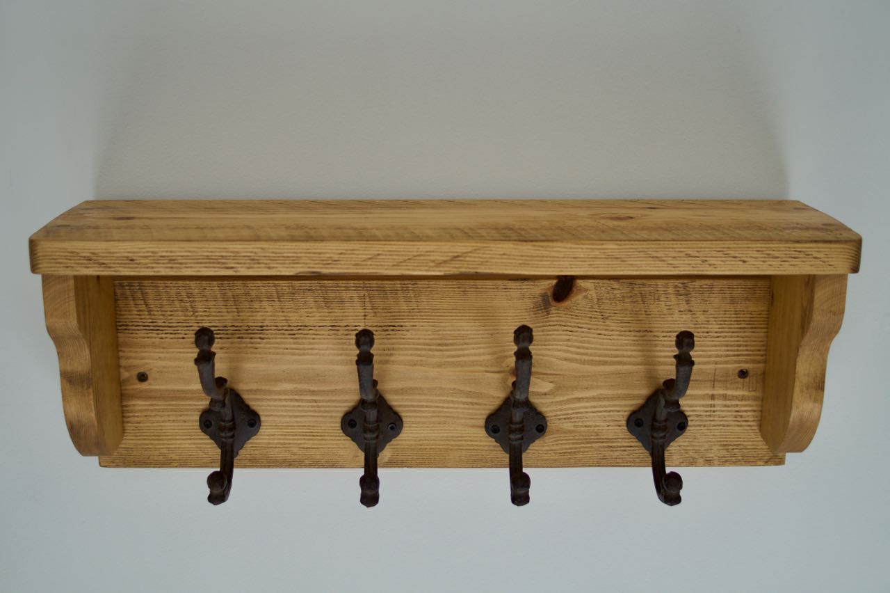 Handmade Farmhouse Style Heavy Rustic Hat/Coat Rack With Shelf And 4 Cast Iron Hooks