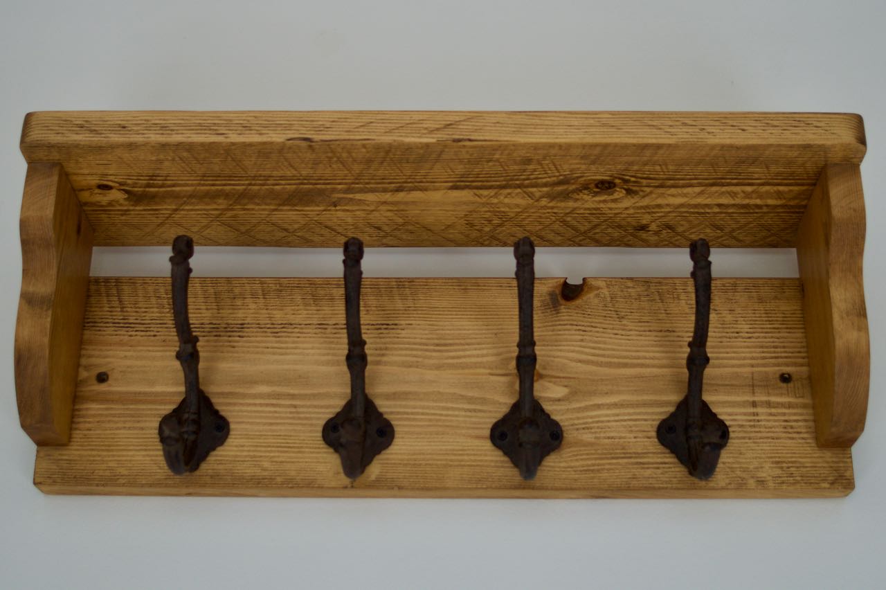 Handmade Farmhouse Style Heavy Rustic Hat/Coat Rack With Shelf And 4 Cast Iron Hooks