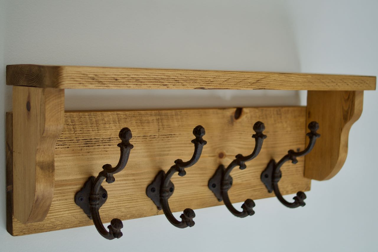 Handmade Farmhouse Style Heavy Rustic Hat/Coat Rack With Shelf And 4 Cast Iron Hooks