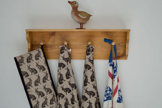 Farmhouse Style Wooden Kitchen Towel & Utensil Holder With Shelf & 4 Pegs