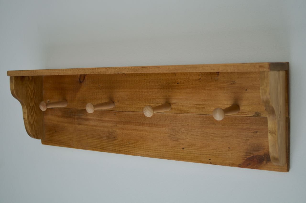 Farmhouse Style Wooden Kitchen Towel & Utensil Holder With Shelf & 4 Pegs