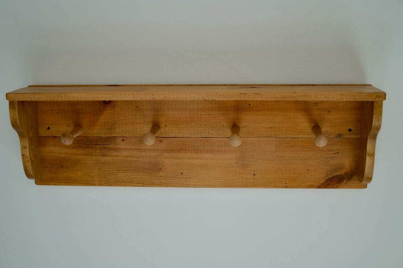 Farmhouse Style Wooden Kitchen Towel & Utensil Holder With Shelf & 4 Pegs