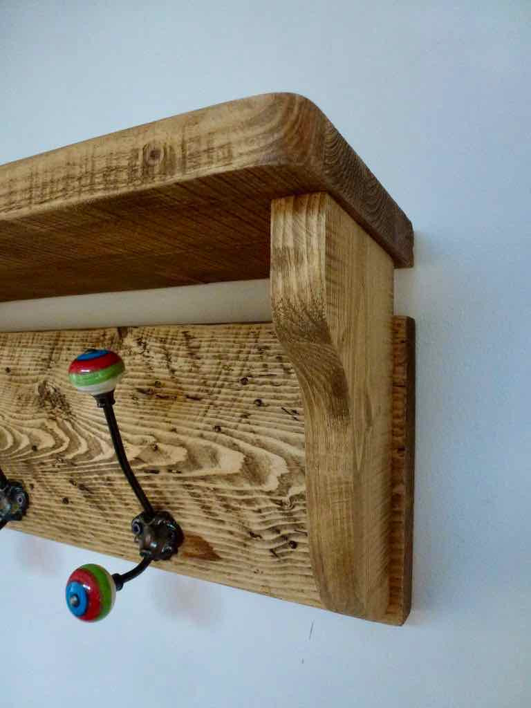 Rustic Hat / Coat Rack Complete With Shelf and 3 ceramic hooks