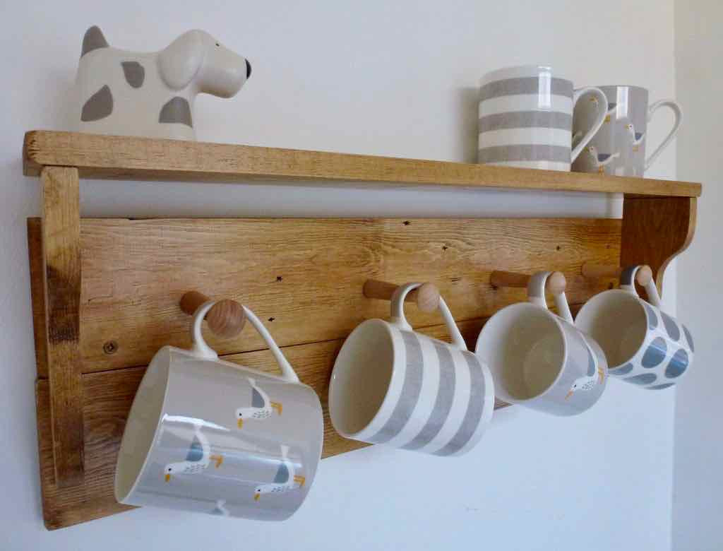 Rustic Mug / Cup Rack With Shelf & 4 Pegs