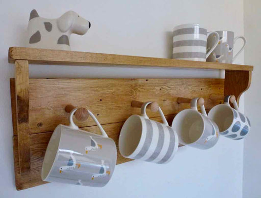Rustic Mug / Cup Rack With Shelf & 4 Pegs