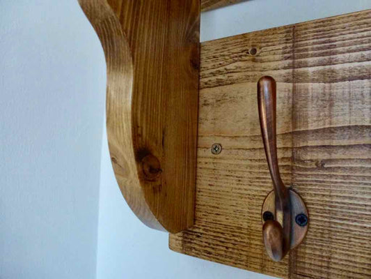 Rustic Hat / Coat Rack With Shelf and 5 Cast Iron Hooks