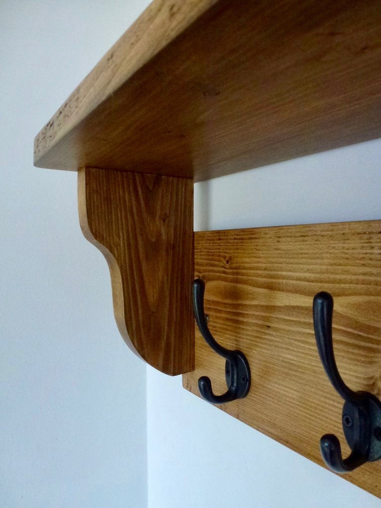 Rustic Hat / Coat Rack With Shelf and 5 Cast Iron Hooks- Farmhouse Style
