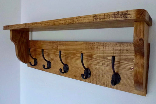 Rustic Hat / Coat Rack With Shelf and 5 Cast Iron Hooks- Farmhouse Style