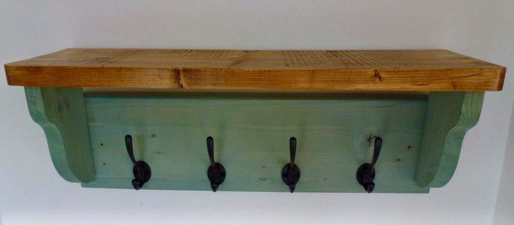 Farmhouse Style Hat / Coat Rack Complete With Shelf and 4 Cast Iron Hooks