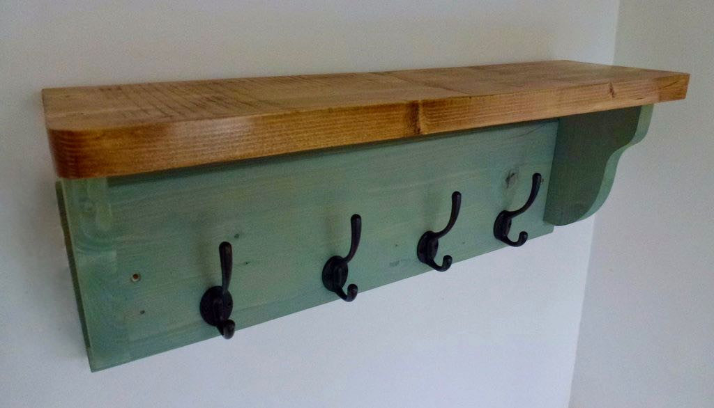 Farmhouse Style Hat / Coat Rack Complete With Shelf and 4 Cast Iron Hooks