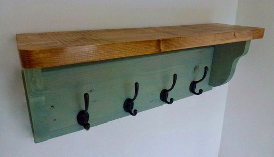 Farmhouse Style Hat / Coat Rack Complete With Shelf and 4 Cast Iron Hooks