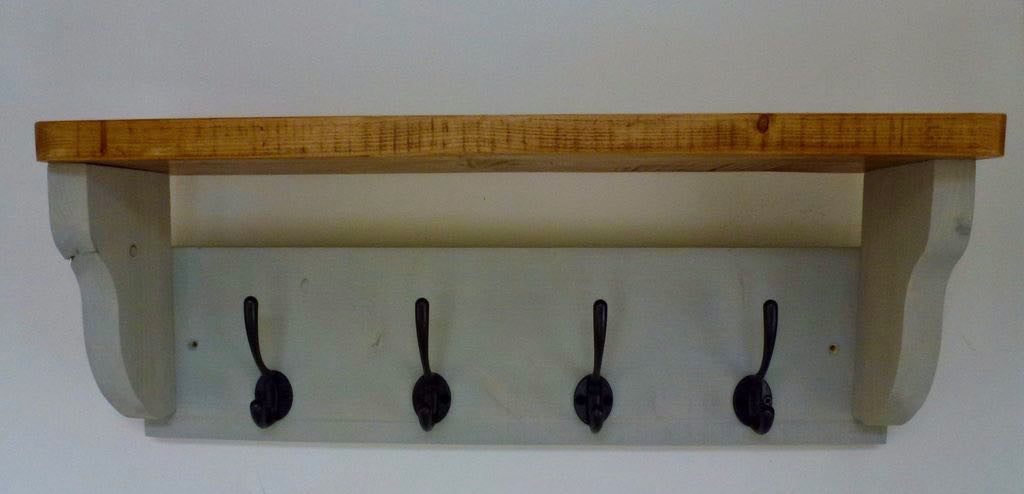Farmhouse Style Hat / Coat Rack Complete With Shelf and 4 Cast Iron Hooks