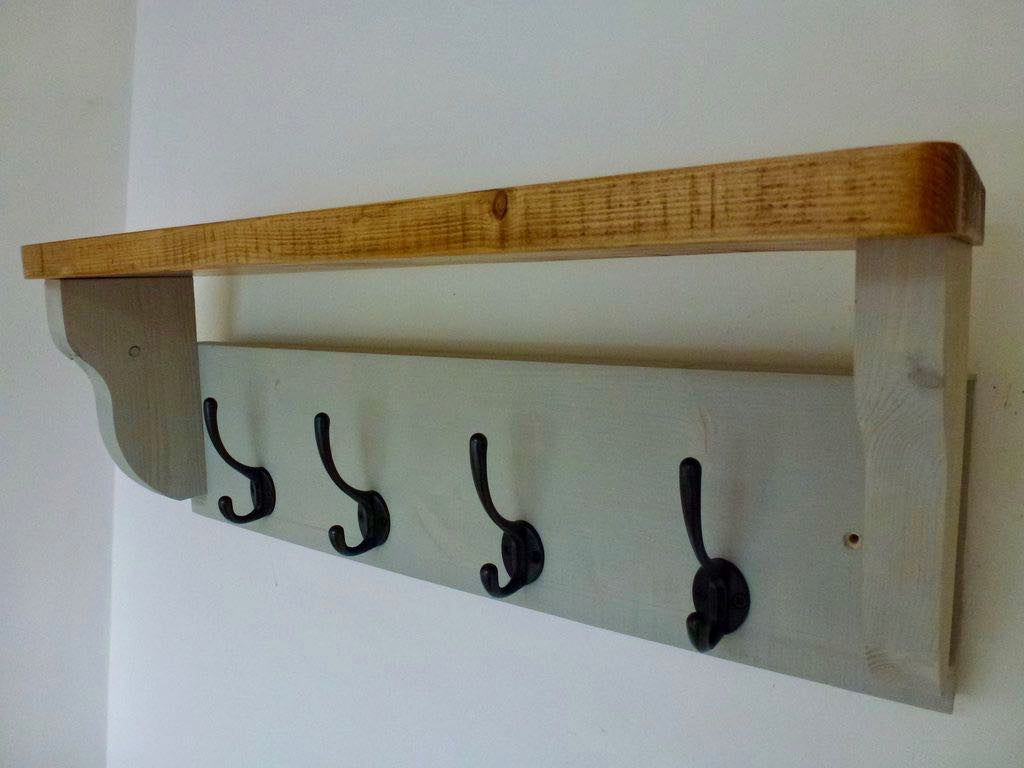Farmhouse Style Hat / Coat Rack Complete With Shelf and 4 Cast Iron Hooks