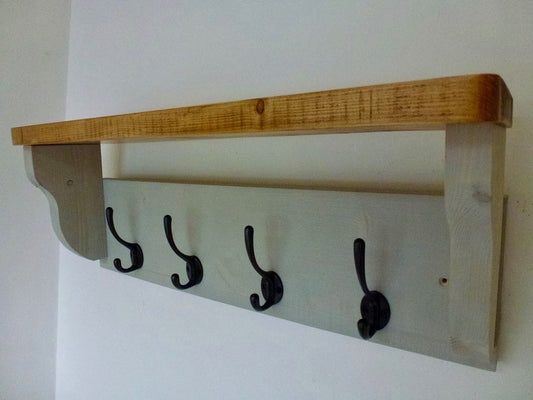 Farmhouse Style Hat / Coat Rack Complete With Shelf and 4 Cast Iron Hooks