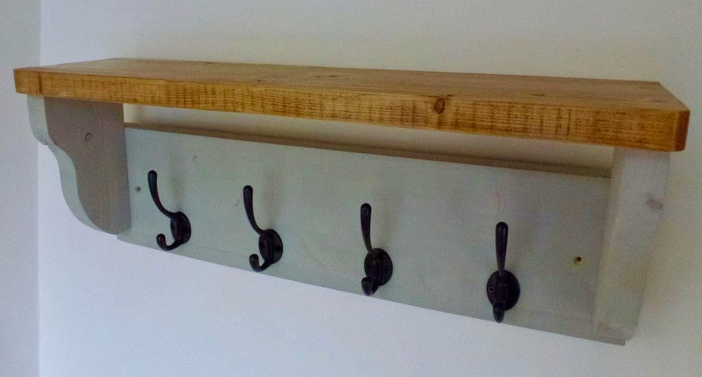 Farmhouse Style Hat / Coat Rack Complete With Shelf and 4 Cast Iron Hooks