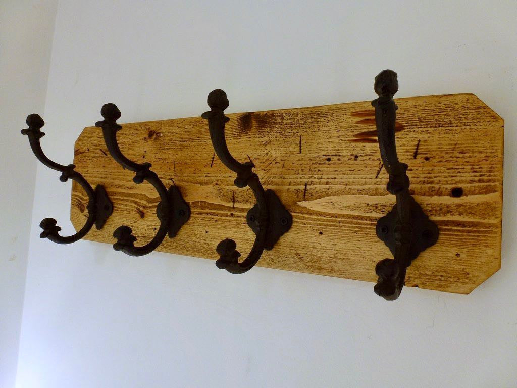 Entrance Hallway Coat Rack / Hat Rack - 4 Heavy Rustic Hangers