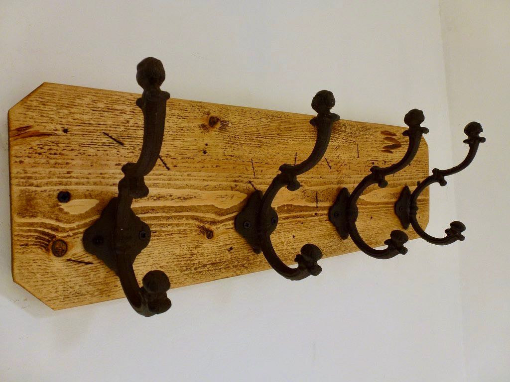 Entrance Hallway Coat Rack / Hat Rack - 4 Heavy Rustic Hangers