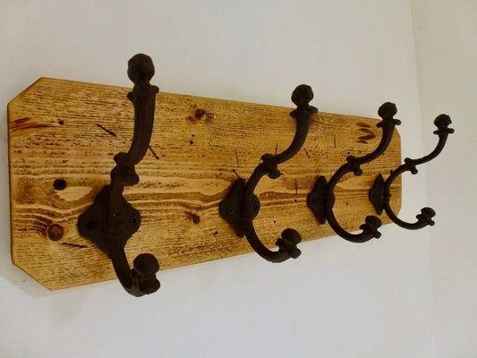 Entrance Hallway Coat Rack / Hat Rack - 4 Heavy Rustic Hangers