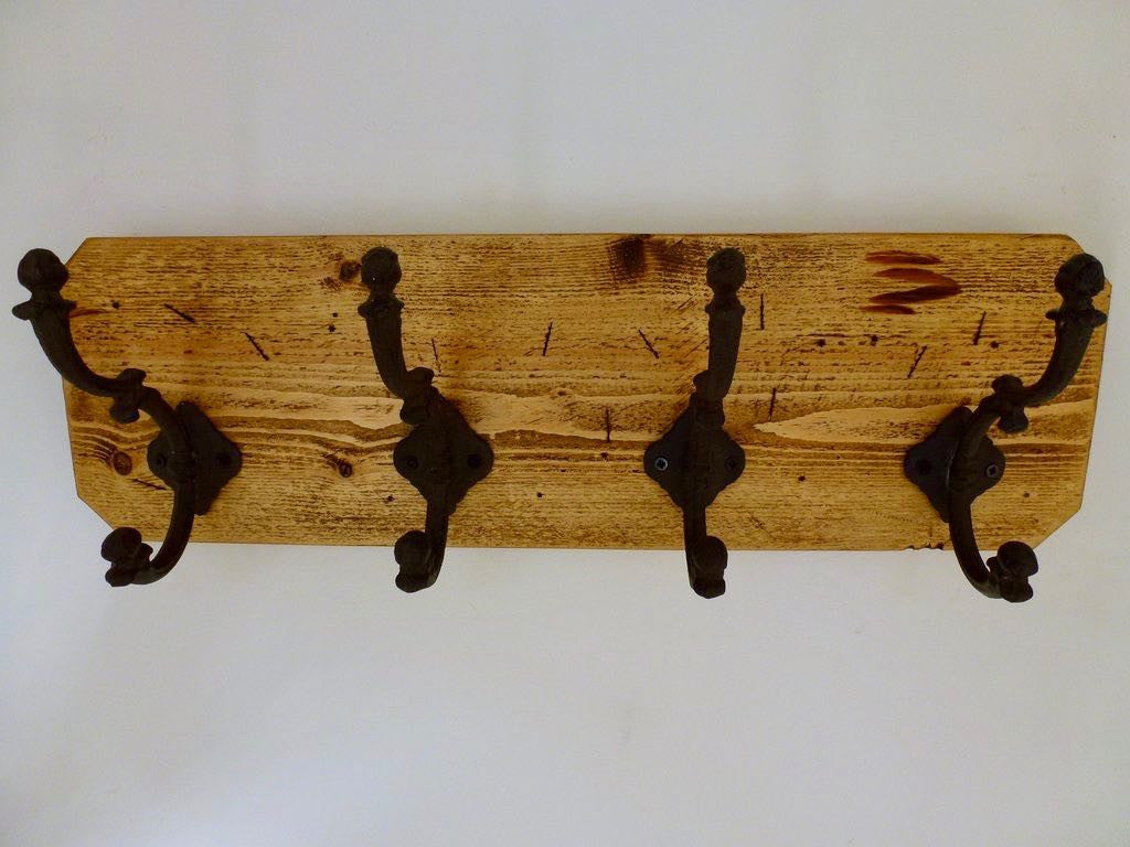 Entrance Hallway Coat Rack / Hat Rack - 4 Heavy Rustic Hangers