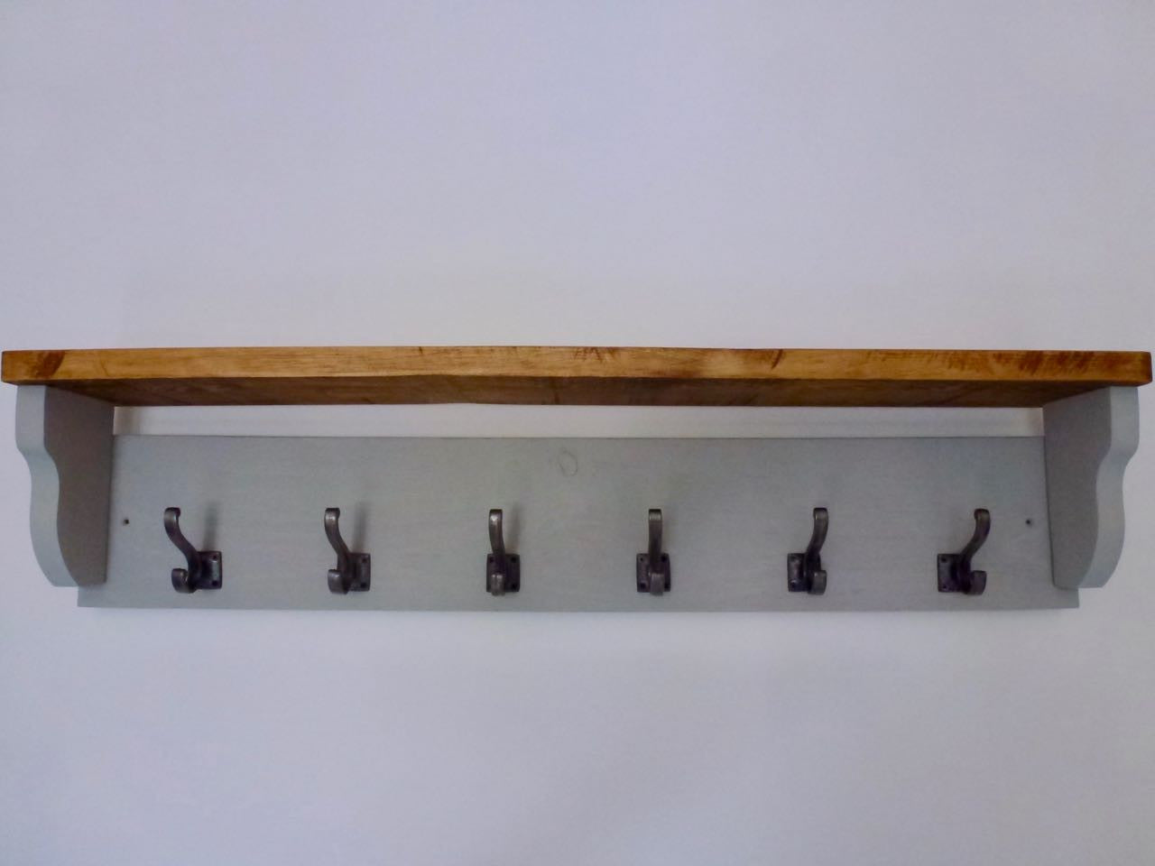 Farmhouse Style  Hat / Coat Rack Complete With Shelf and 6 Stylish Antique Cast Iron Hooks