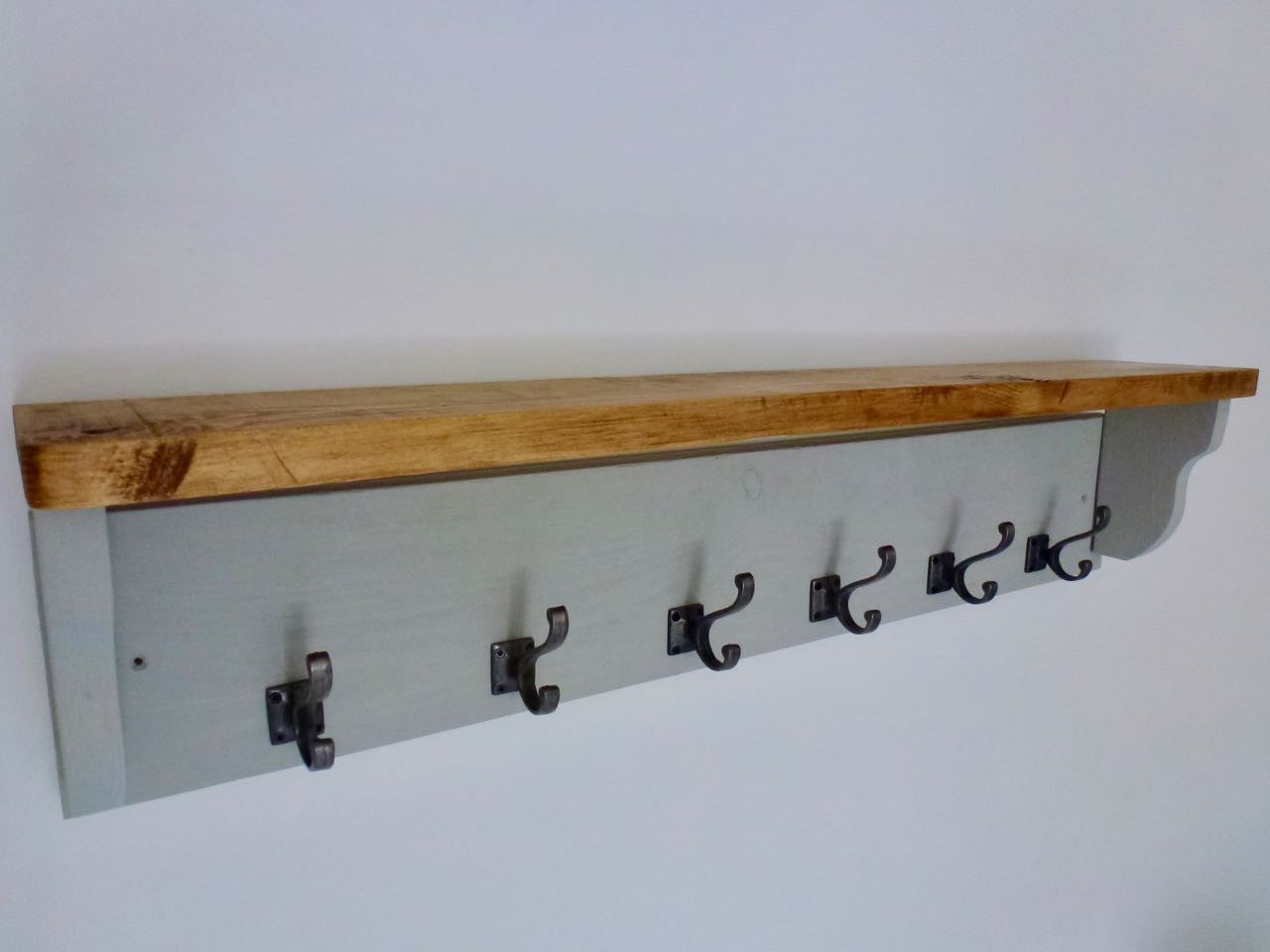 Farmhouse Style  Hat / Coat Rack Complete With Shelf and 6 Stylish Antique Cast Iron Hooks