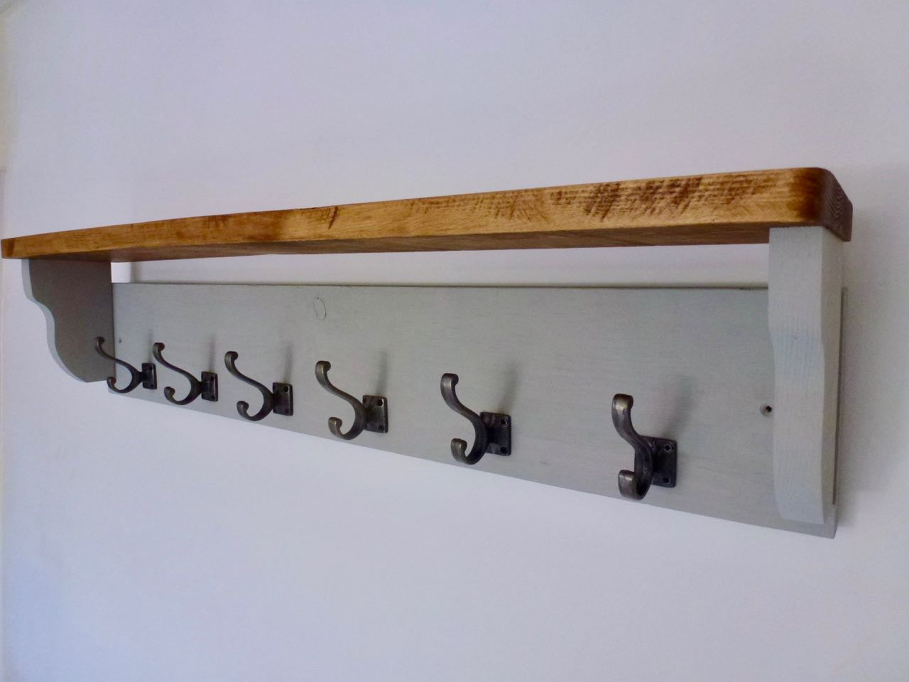 Farmhouse Style  Hat / Coat Rack Complete With Shelf and 6 Stylish Antique Cast Iron Hooks