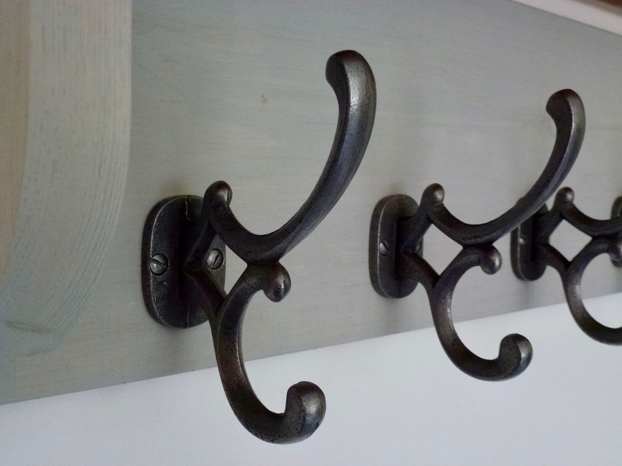 Rustic Hat / Coat Rack Complete With Shelf and 6 Antique Cast Iron Hooks