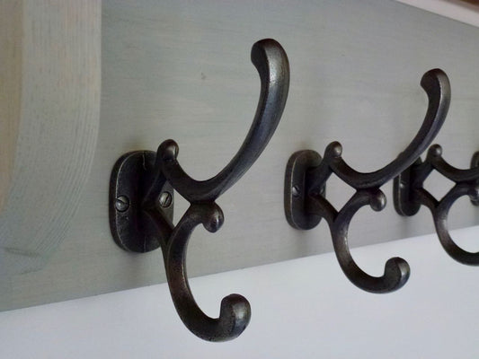 Rustic Hat / Coat Rack Complete With Shelf and 6 Antique Cast Iron Hooks