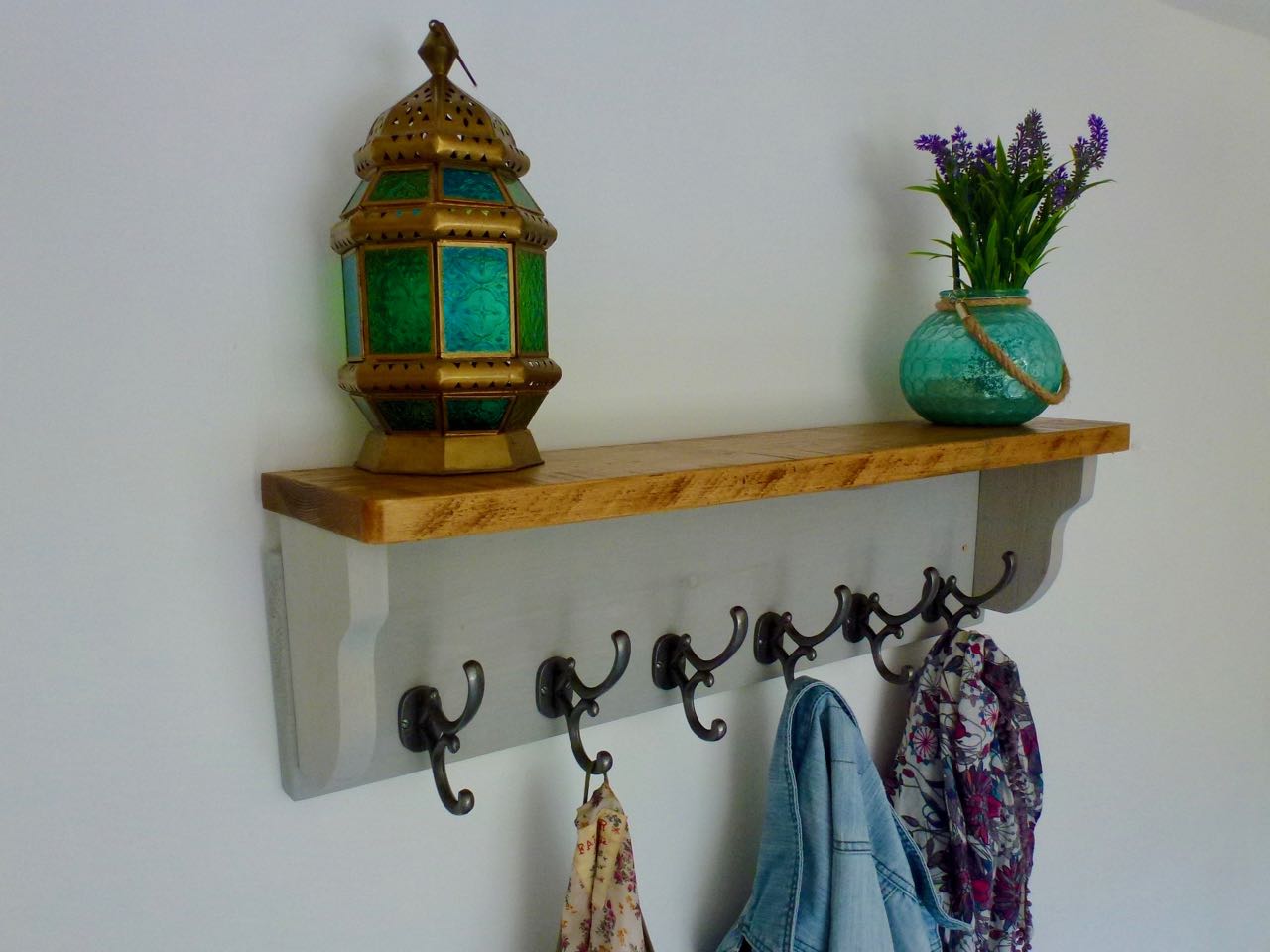 Rustic Hat / Coat Rack Complete With Shelf and 6 Antique Cast Iron Hooks