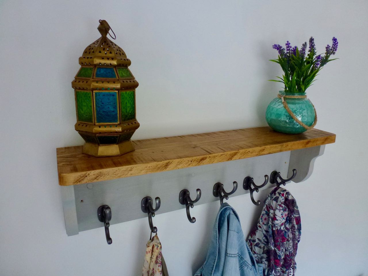 Rustic Hat / Coat Rack Complete With Shelf and 6 Antique Cast Iron Hooks