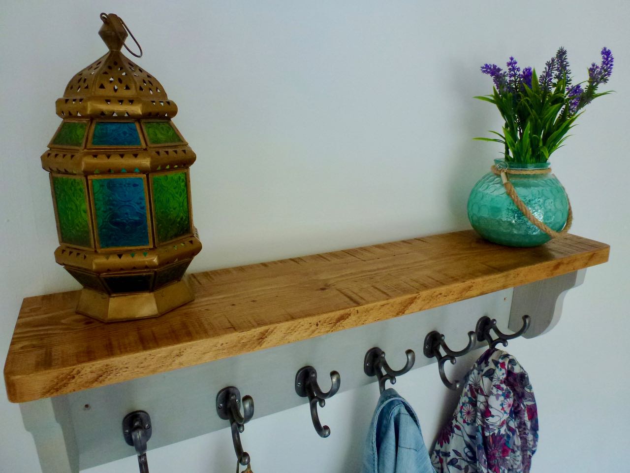 Rustic Hat / Coat Rack Complete With Shelf and 6 Antique Cast Iron Hooks