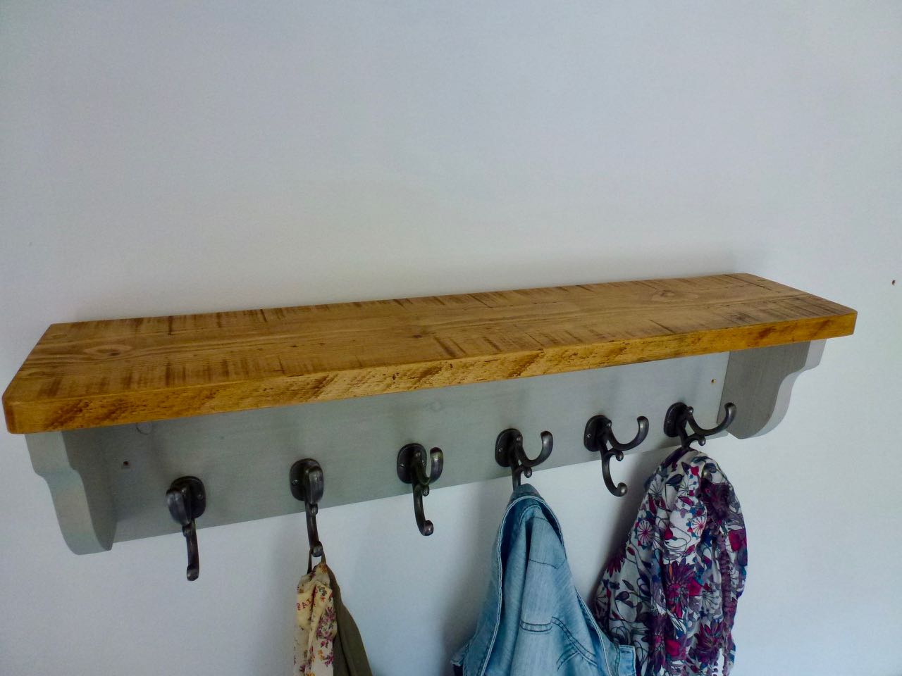 Rustic Hat / Coat Rack Complete With Shelf and 6 Antique Cast Iron Hooks