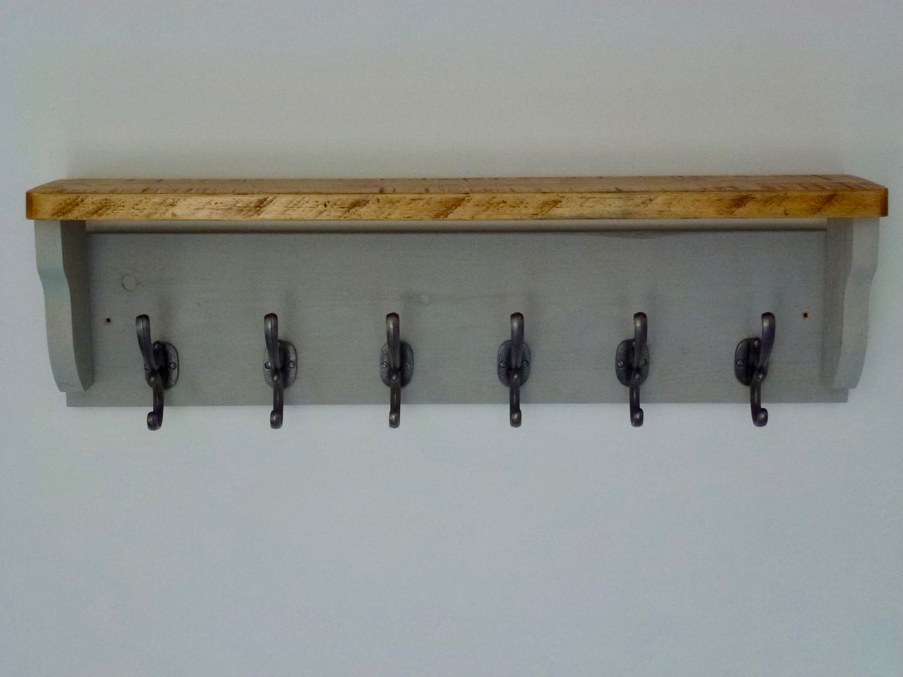 Rustic Hat / Coat Rack Complete With Shelf and 6 Antique Cast Iron Hooks