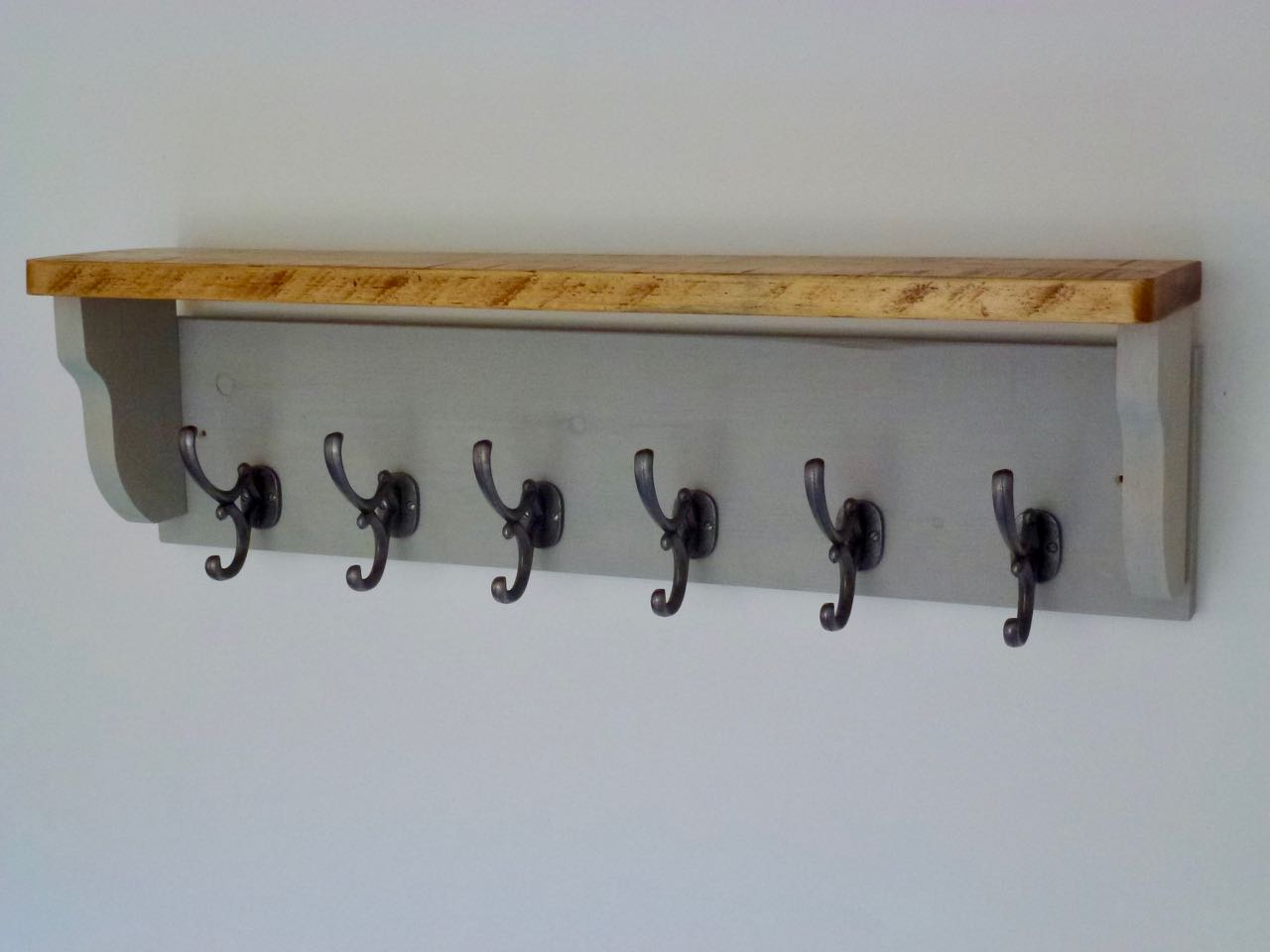 Rustic Hat / Coat Rack Complete With Shelf and 6 Antique Cast Iron Hooks