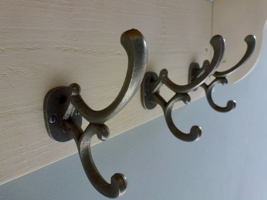 Old White Rustic Hat / Coat Rack With Shelf & 6 Antique Cast Iron Hooks