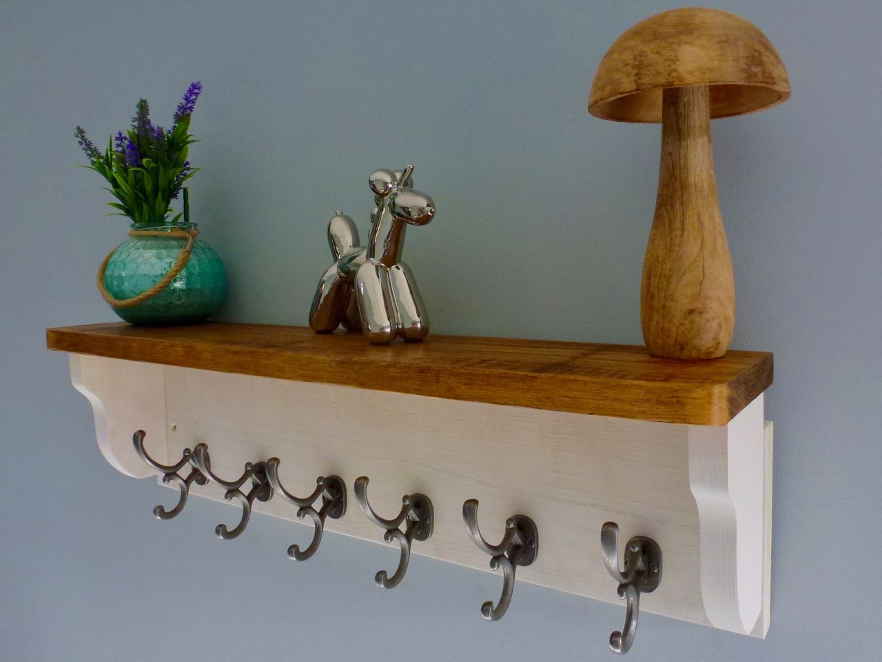 Old White Rustic Hat / Coat Rack With Shelf & 6 Antique Cast Iron Hooks