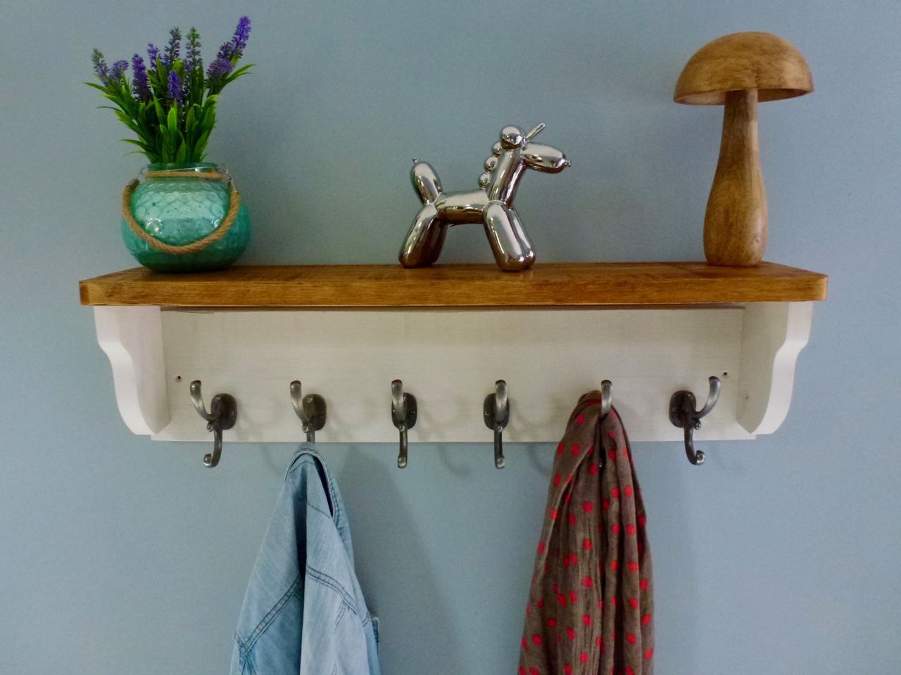 Old White Rustic Hat / Coat Rack With Shelf & 6 Antique Cast Iron Hooks