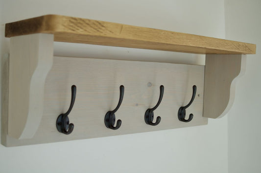 Paris Grey Farmhouse Style Hat / Coat Rack Complete With Shelf and 4 Cast Iron Hooks