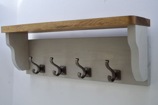 Farmhouse Style  Hat / Coat Rack Complete With Shelf and 4 Stylish Antique Cast Iron Hooks