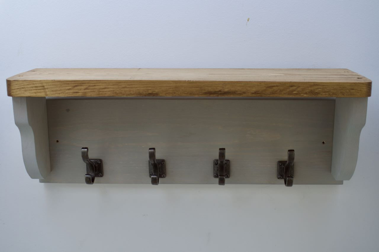 Farmhouse Style  Hat / Coat Rack Complete With Shelf and 4 Stylish Antique Cast Iron Hooks