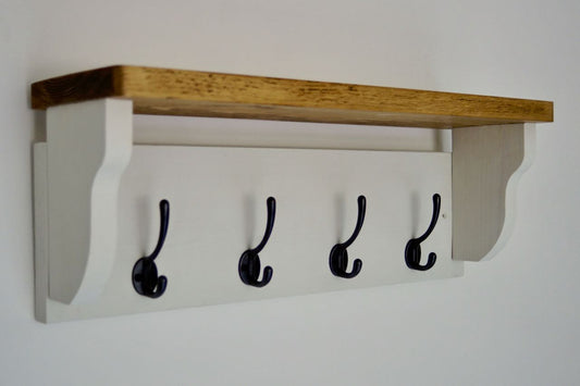 White Farmhouse Style Hat / Coat Rack Complete With Shelf and 4 Cast Iron Hooks