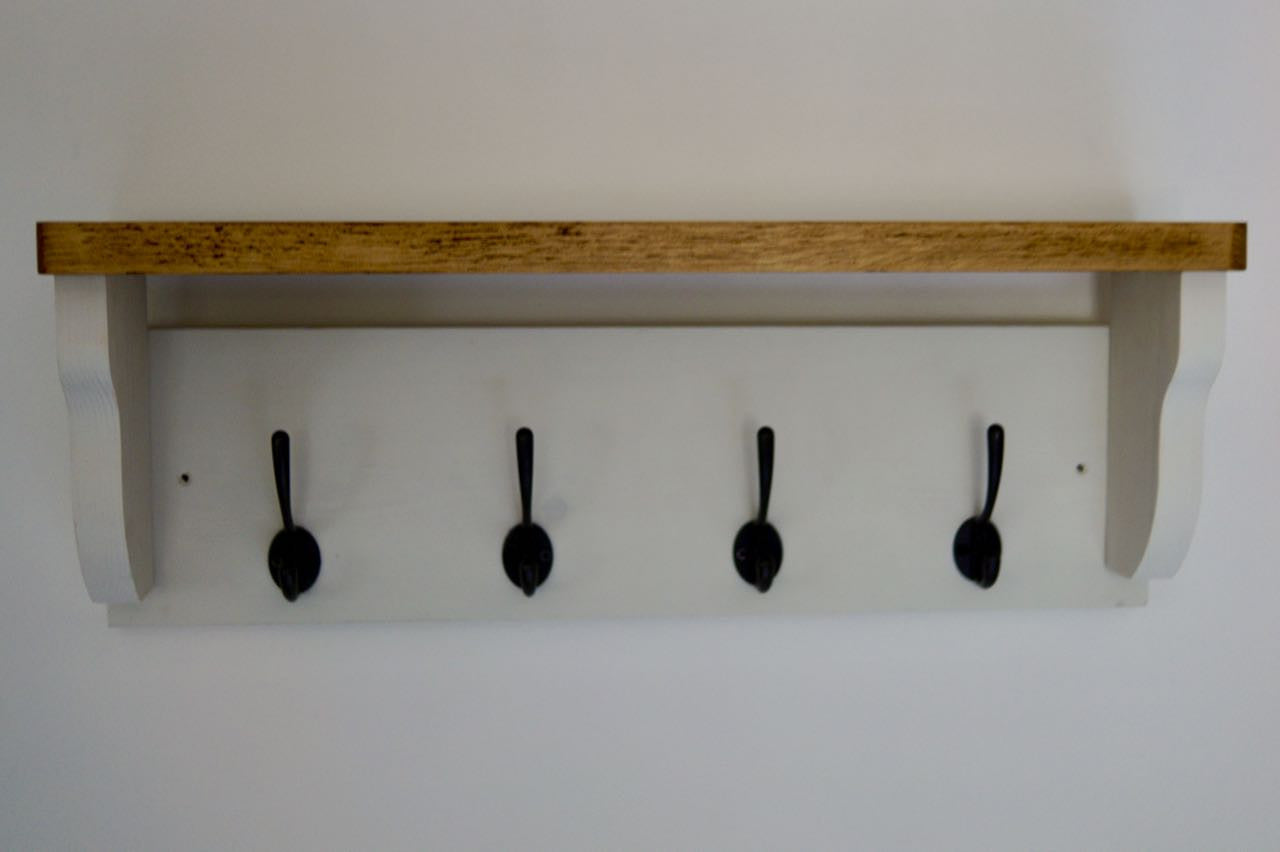 White Farmhouse Style Hat / Coat Rack Complete With Shelf and 4 Cast Iron Hooks