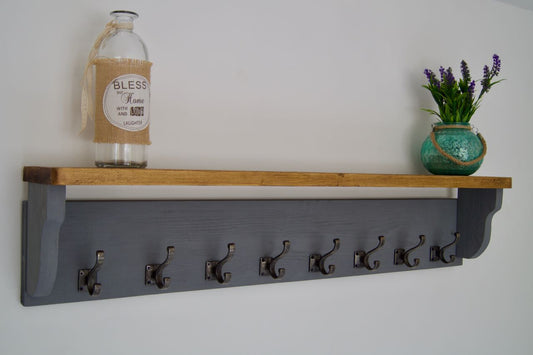 Slate Grey Farmhouse Style Hat / Coat Rack With Shelf & 6 Stylish Antique Cast Iron Hooks