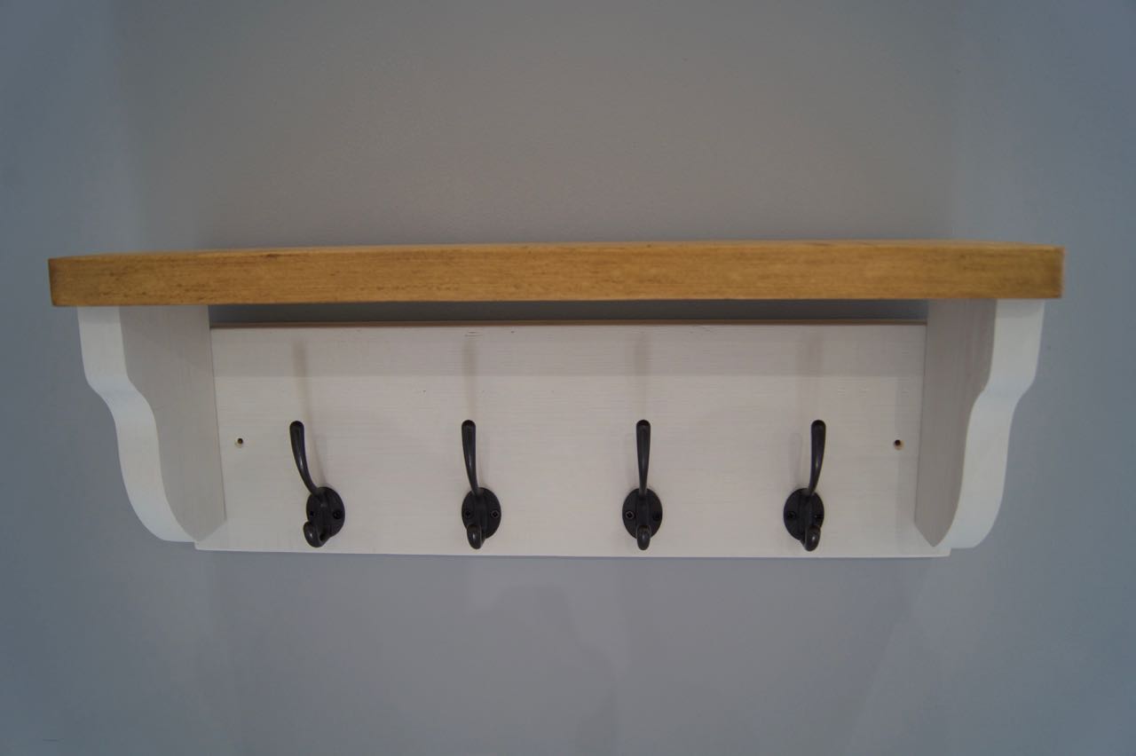Old White Farmhouse Style Hat / Coat Rack With Shelf & 4 Cast Iron Hooks