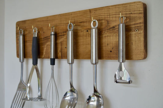 Wooden Kitchen Utensil Rack Holder - Farmhouse Style / Solid Natural Wood with 6 hooks