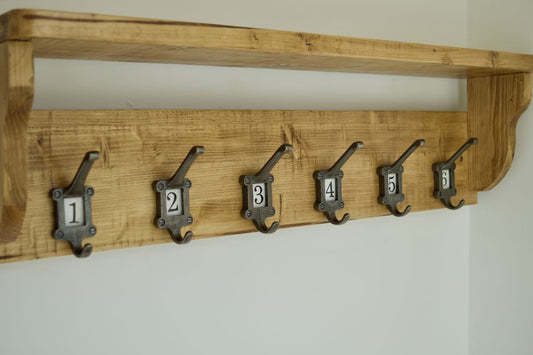 Vintage School Style Coat / Hat Rack With Shelf & 6 Cast Iron Numbered Ceramic Hooks