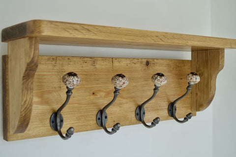 Rustic Hat / Coat Rack With Shelf and 5 Cast Iron Hooks- Farmhouse Sty ...