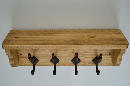 Handmade Farmhouse Style Heavy Rustic Hat/Coat Rack With Shelf And 4 Cast Iron Hooks