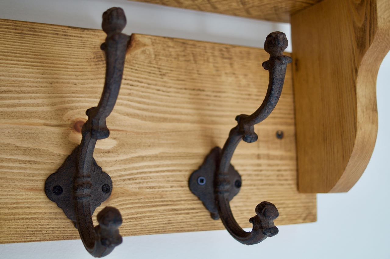 Handmade Farmhouse Style Heavy Rustic Hat/Coat Rack With Shelf And 4 Cast Iron Hooks